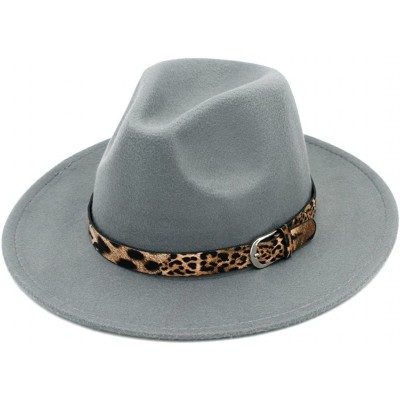 Fedoras Women's Wool Blend Panama Hats Wide Brim Fedora Trilby Caps Leopard Leather Band - Gray - CO1867CCT3I $15.96