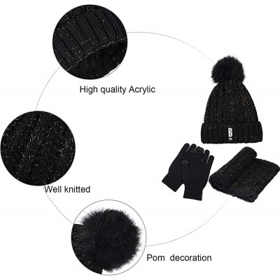 Skullies & Beanies Women Pom Knitted Beanie Hat Scarf Touch Screen Gloves Set with Fleece Lining - CU192ZYR73A $13.25