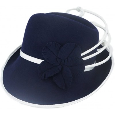 Fedoras Women Hats Winter Fedoras Fashion Style Elegant Wool Hat - Navy White - CP185X7MT9S $26.15