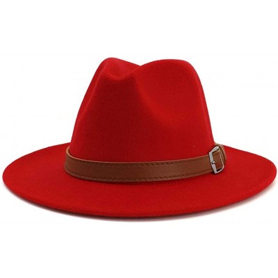 Fedoras Classic Men & Women Wide Brim Fedora Panama Hat with Belt Buckle - Red - CB18UX5XZ5E $17.59