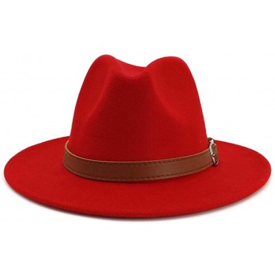 Fedoras Classic Men & Women Wide Brim Fedora Panama Hat with Belt Buckle - Red - CB18UX5XZ5E $17.59