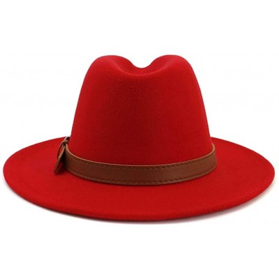 Fedoras Classic Men & Women Wide Brim Fedora Panama Hat with Belt Buckle - Red - CB18UX5XZ5E $17.59