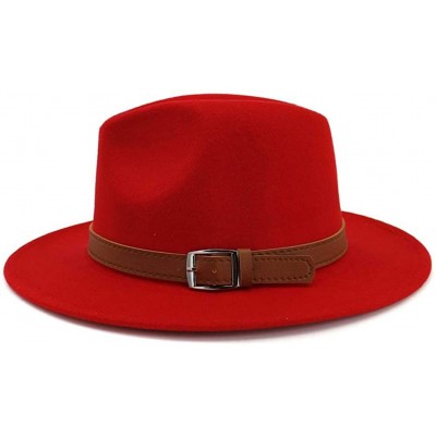 Fedoras Classic Men & Women Wide Brim Fedora Panama Hat with Belt Buckle - Red - CB18UX5XZ5E $17.59