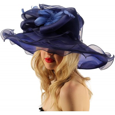 Sun Hats Superb Ruffle Edges Floral Feathers Organza Derby Floppy Wide 6" Dress Hat - Navy - CL17X6883ZZ $40.43