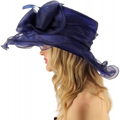 Sun Hats Superb Ruffle Edges Floral Feathers Organza Derby Floppy Wide 6" Dress Hat - Navy - CL17X6883ZZ $40.43