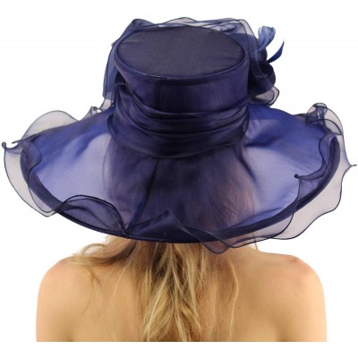 Sun Hats Superb Ruffle Edges Floral Feathers Organza Derby Floppy Wide 6" Dress Hat - Navy - CL17X6883ZZ $40.43