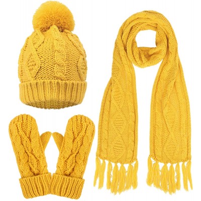Skullies & Beanies Adult Women's 3 Piece Winter Set - Pompom Beanie Hat- Scarf- Mittens - Yellow Glove W/ Lined - CX18ITAYZ0U...