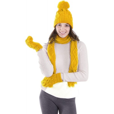 Skullies & Beanies Adult Women's 3 Piece Winter Set - Pompom Beanie Hat- Scarf- Mittens - Yellow Glove W/ Lined - CX18ITAYZ0U...