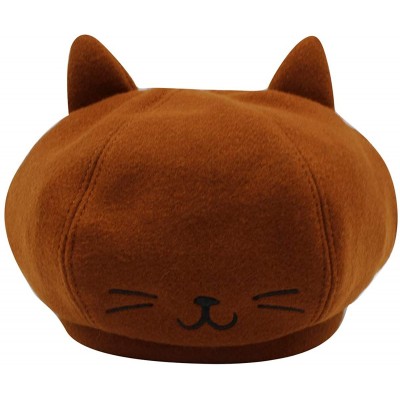 Berets Cute Cat Ear French Beret Pu Leather Casual Classic Solid Color Winter Warm Cap Beanie for Boys Girls - Orange - CF18Y...