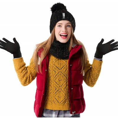 Skullies & Beanies Women Pom Knitted Beanie Hat Scarf Touch Screen Gloves Set with Fleece Lining - CU192ZYR73A $13.25