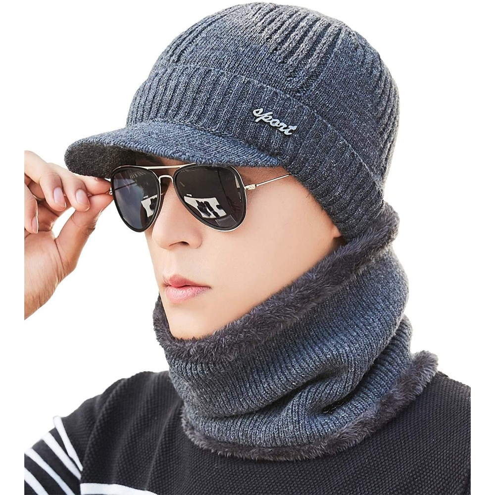 Newsboy Caps Mens Women Knit Visor Winter Beanie Hat & Fleece Scarf Sets Face Neck Cover & Ear Flap - Am59-grey - C218A3CQENN...