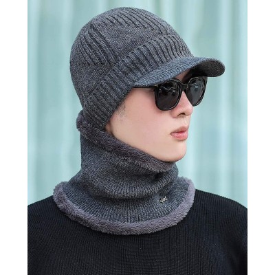 Newsboy Caps Mens Women Knit Visor Winter Beanie Hat & Fleece Scarf Sets Face Neck Cover & Ear Flap - Am59-grey - C218A3CQENN...