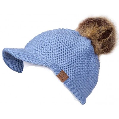 Skullies & Beanies Women's Exclusive Knitted Brim Visor Beanie with Fur Pom Pom - Denim - CE12K7GGC91 $16.74