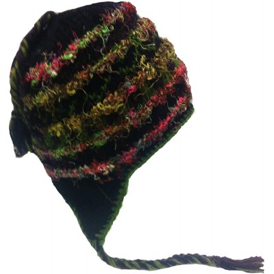 Skullies & Beanies Nepal Hand Knit Sherpa Hat with Ear Flaps- Trapper Ski Heavy Wool Fleeced Lined Cap - Green Rainbow Slub -...
