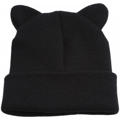 Skullies & Beanies Women's Cute Cat Ear Hat Crochet Braided Knit Cap Beanie Fashion Winter Warm Ski Hats Cap-Black - Black - ...