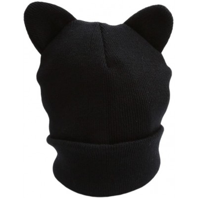 Skullies & Beanies Women's Cute Cat Ear Hat Crochet Braided Knit Cap Beanie Fashion Winter Warm Ski Hats Cap-Black - Black - ...