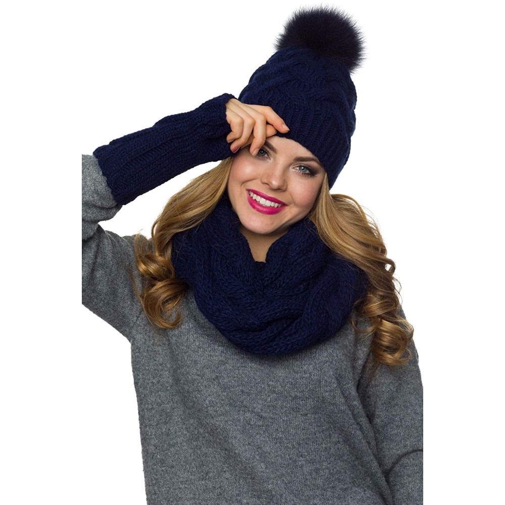 Skullies & Beanies Hat Scarf Gloves Set- Fur Pom Pom Hat lined with Fleece Infinity Scarf Fingerless Gloves set - Dark Blue -...