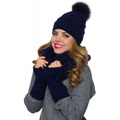 Skullies & Beanies Hat Scarf Gloves Set- Fur Pom Pom Hat lined with Fleece Infinity Scarf Fingerless Gloves set - Dark Blue -...