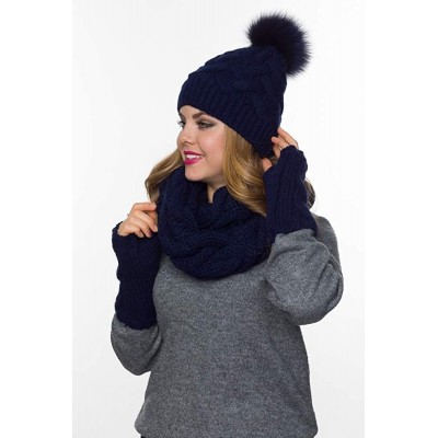 Skullies & Beanies Hat Scarf Gloves Set- Fur Pom Pom Hat lined with Fleece Infinity Scarf Fingerless Gloves set - Dark Blue -...