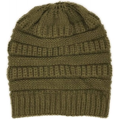 Skullies & Beanies Messy Bun BeanieTail Warm Soft Ponytail Stretchy Cable Knit Skully Beanie Hat - Olive - CU18Y9GMWA4 $23.18