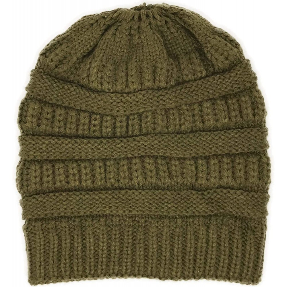 Skullies & Beanies Messy Bun BeanieTail Warm Soft Ponytail Stretchy Cable Knit Skully Beanie Hat - Olive - CU18Y9GMWA4 $13.52
