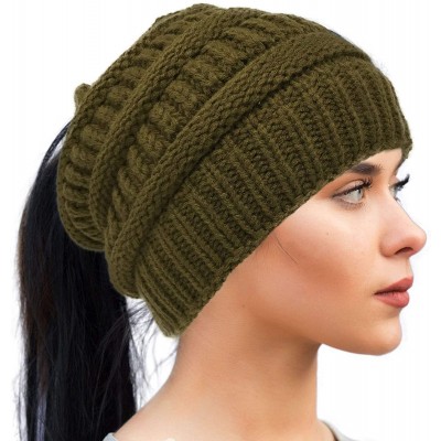Skullies & Beanies Messy Bun BeanieTail Warm Soft Ponytail Stretchy Cable Knit Skully Beanie Hat - Olive - CU18Y9GMWA4 $13.52