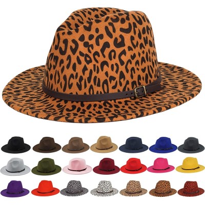 Fedoras Women Fedora Hat Wide Brim Felt hat with Belt Buckle Panama Hat Vintage Jazz Hat - B-leopard Print Khaki - CI18XTOE76...