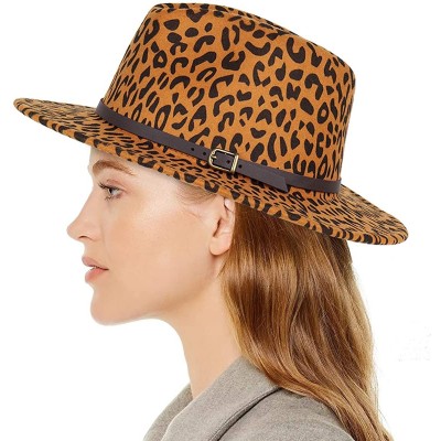 Fedoras Women Fedora Hat Wide Brim Felt hat with Belt Buckle Panama Hat Vintage Jazz Hat - B-leopard Print Khaki - CI18XTOE76...