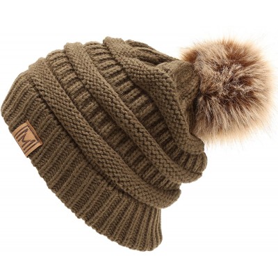 Skullies & Beanies Women's Soft Stretch Cable Knit Warm Skully Faux Fur Pom Pom Beanie Hats - Olive - CQ18GQNCDRK $8.97