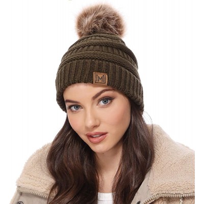 Skullies & Beanies Women's Soft Stretch Cable Knit Warm Skully Faux Fur Pom Pom Beanie Hats - Olive - CQ18GQNCDRK $8.97