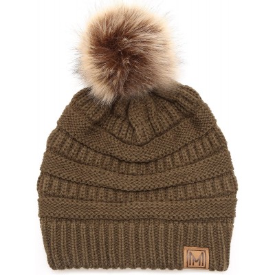 Skullies & Beanies Women's Soft Stretch Cable Knit Warm Skully Faux Fur Pom Pom Beanie Hats - Olive - CQ18GQNCDRK $8.97