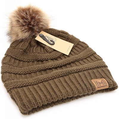 Skullies & Beanies Women's Soft Stretch Cable Knit Warm Skully Faux Fur Pom Pom Beanie Hats - Olive - CQ18GQNCDRK $8.97