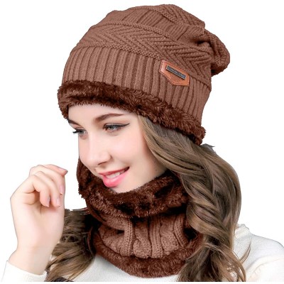 Skullies & Beanies Women Men Reversible Winter Warm Knit Hat Ski Cap Fleece Neck Warmer Circle Loop Scarf Soft Plush Lined - ...