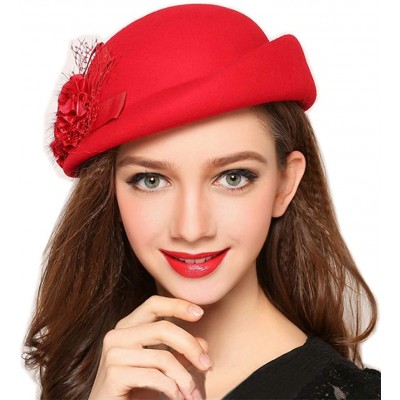 Berets Womens 100% Wool Veil Flower Pillbox Hat Winter Hat Crimping Beanie Hat - Red - CA18776DMDT $19.57