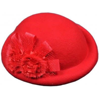 Berets Womens 100% Wool Veil Flower Pillbox Hat Winter Hat Crimping Beanie Hat - Red - CA18776DMDT $19.57