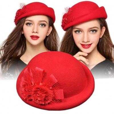 Berets Womens 100% Wool Veil Flower Pillbox Hat Winter Hat Crimping Beanie Hat - Red - CA18776DMDT $19.57