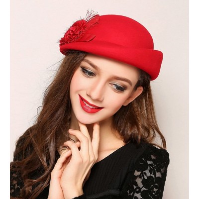 Berets Womens 100% Wool Veil Flower Pillbox Hat Winter Hat Crimping Beanie Hat - Red - CA18776DMDT $19.57