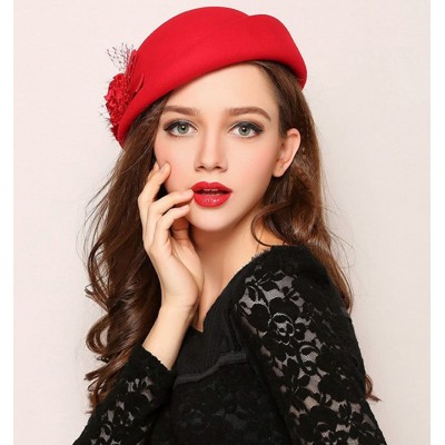 Berets Womens 100% Wool Veil Flower Pillbox Hat Winter Hat Crimping Beanie Hat - Red - CA18776DMDT $19.57