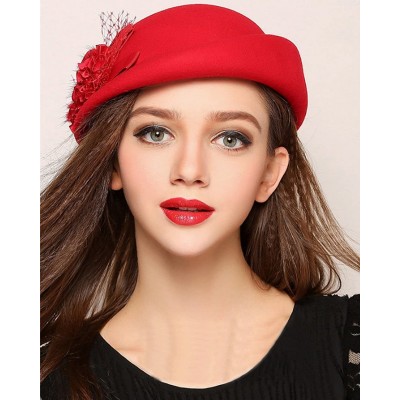 Berets Womens 100% Wool Veil Flower Pillbox Hat Winter Hat Crimping Beanie Hat - Red - CA18776DMDT $19.57