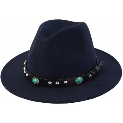 Fedoras Adult Wool Panama Hats Wide Brim Jazz Fedora Caps Turquoise Leather Band - Navy Blue - C618H9XQRT5 $12.28