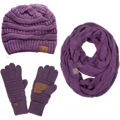 Skullies & Beanies 3pc Set Trendy Warm Chunky Soft Stretch Cable Knit Beanie Scarves Gloves Set - Violet - C5187GO8UQX $51.06