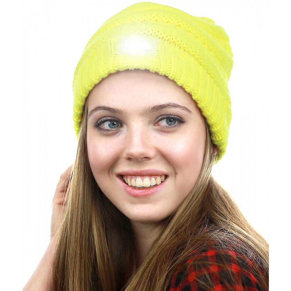 Skullies & Beanies LED Hands Free Light Winter Cable Knit Cuff Beanie Hat - Neon Yellow - C612J585JTB $7.38