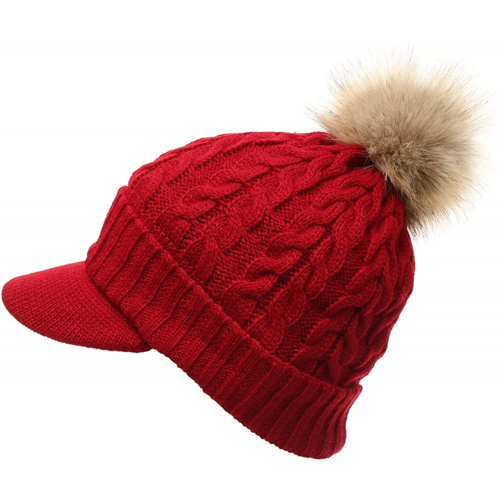 Skullies & Beanies Women's Winter Warm Cable Knitted Visor Brim Pom Pom Beanie Hat with Soft Sherpa Lining. - Wine - CM188Z44...