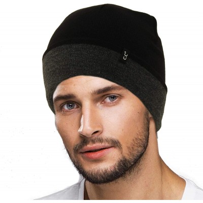 Skullies & Beanies Men's Reversible Winter Soft Knit Stretchy Warm Beanie Skull Ski Hat Cap - 2tone Black/Dk. Gray - C718IDMU...