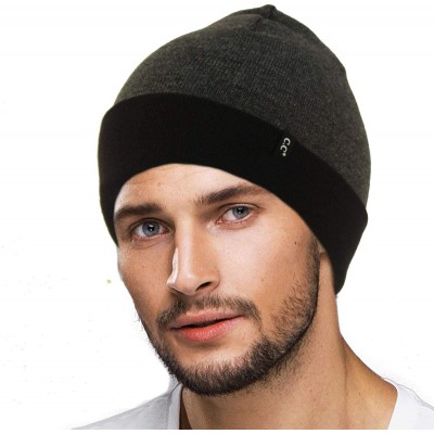 Skullies & Beanies Men's Reversible Winter Soft Knit Stretchy Warm Beanie Skull Ski Hat Cap - 2tone Black/Dk. Gray - C718IDMU...