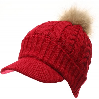 Skullies & Beanies Women's Winter Warm Cable Knitted Visor Brim Pom Pom Beanie Hat with Soft Sherpa Lining. - Wine - CM188Z44...