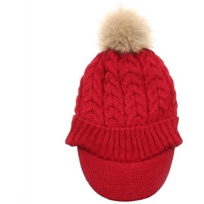 Skullies & Beanies Women's Winter Warm Cable Knitted Visor Brim Pom Pom Beanie Hat with Soft Sherpa Lining. - Wine - CM188Z44...