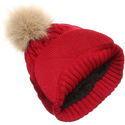 Skullies & Beanies Women's Winter Warm Cable Knitted Visor Brim Pom Pom Beanie Hat with Soft Sherpa Lining. - Wine - CM188Z44...