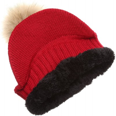 Skullies & Beanies Women's Winter Warm Cable Knitted Visor Brim Pom Pom Beanie Hat with Soft Sherpa Lining. - Wine - CM188Z44...