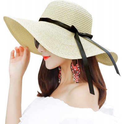 Sun Hats Women Wide Brim Straw Sun Hat Floppy Foldable Roll up Cap Beach Summer Hats UPF 50+ - Beige - C01944RAT2N $14.32